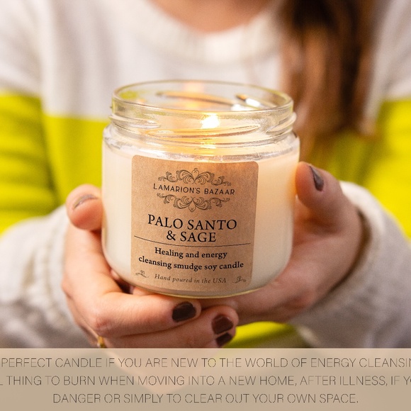 PALO SANTO + SAGE"- Smudge Soy Candle w Crushed Sage Leafs for Energy Cleansing - Picture 2 of 6